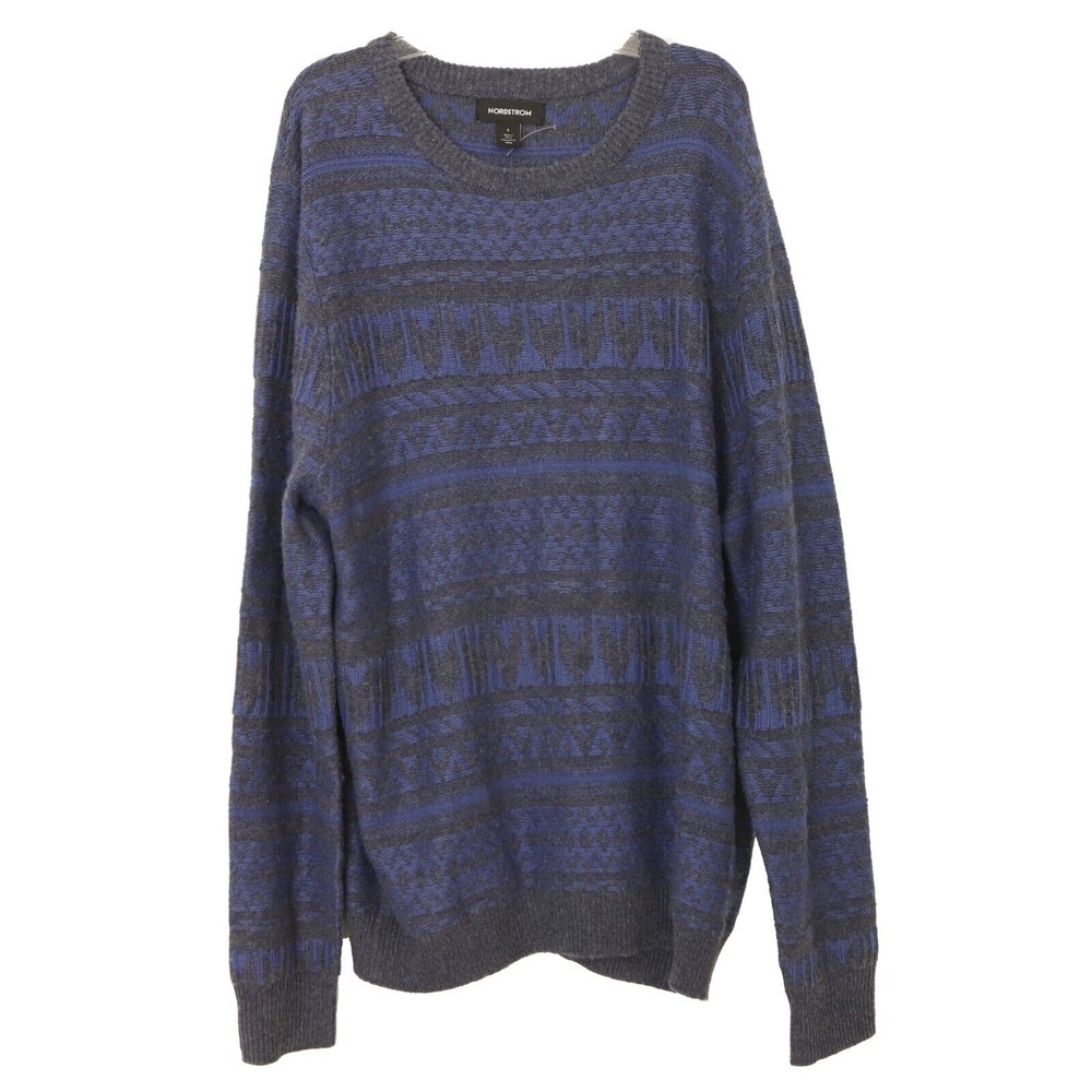 Nordstrom Wool Blend Crewneck Textured Pullover Sweater L Printed Blue Gray A4